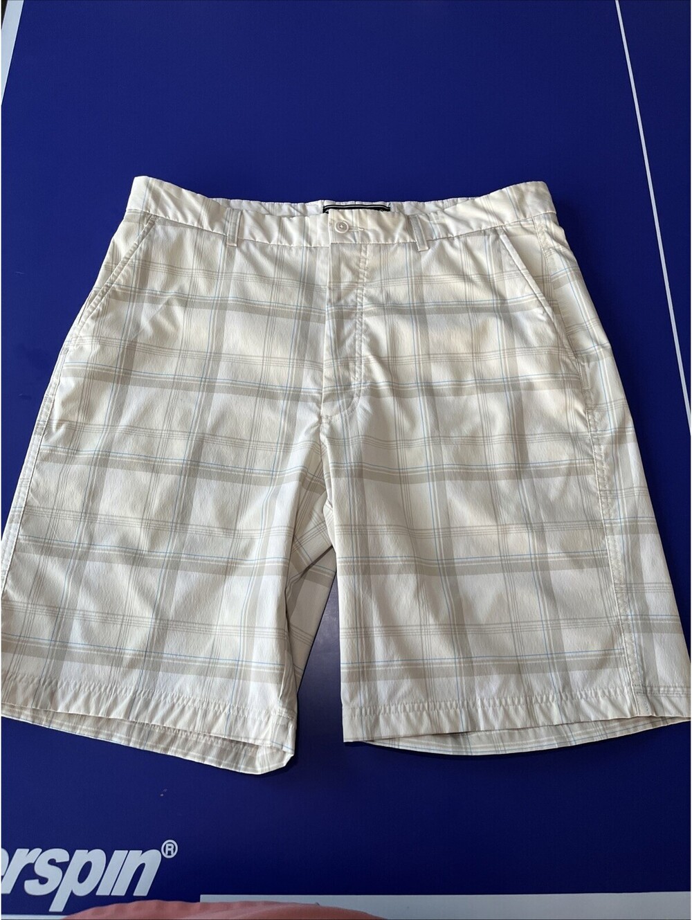 Pebble Beach Stretch Golf Shorts Mens Size 36 9.5” Inseam Plaid Cream Beige